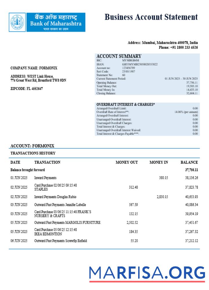 Printable Bank of Maharashtra business account statement Word and PDF template